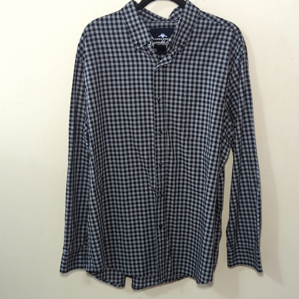 Saddlebred Wrinkle Free Black + Gray Plaid Button-Down Shirt Men's Size XL